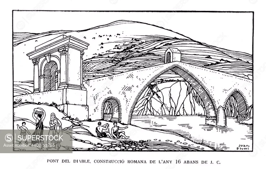 Puente del Diablo en Martorell, construcción romana del año 16 a.c. Historia popular de Catalunya, de Alfons Roure. Editada en Barcelona, 1919. Dibujo de Joan Vila i Pujol (Joan d'Ivori) (Barcelona, 1890-1947).