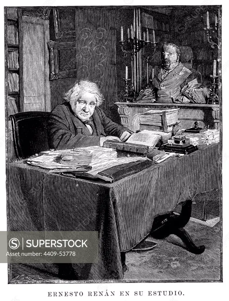 Francia. Siglo XIX. Joseph Ernest RENAN (Tregier, 1823-París, 1892). Escritor, filólogo, filósofo e historiador francés. Grabado de 1892.