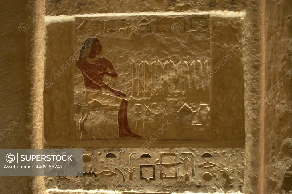 Mastaba of Irukaptah. 5th Dynasty. Old Kingdom. False Door Stele. Relief depicting the deceased at the offering's table. Saqqara. Egypt.