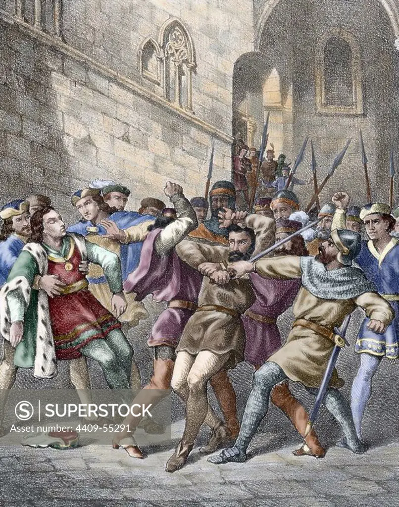 The Rebellion of the Remences. Popular revolt in late medieval Europe against seignorial pressures that began in Catalonia in 1462 and ended a decade later without definitive result. Ferdinand II of Aragon (Ferdinand the Catholic) finally resolved the conflict with the Arbitral award of Guadalupe (Sentencia Arbitral de Guadalupe) in 1486. Attempted assassination of King Ferdinand II of Aragon in Barcelona on October 18, 1492 by a remenc_a vassal. Catalonia. Spain. Colored engraving.