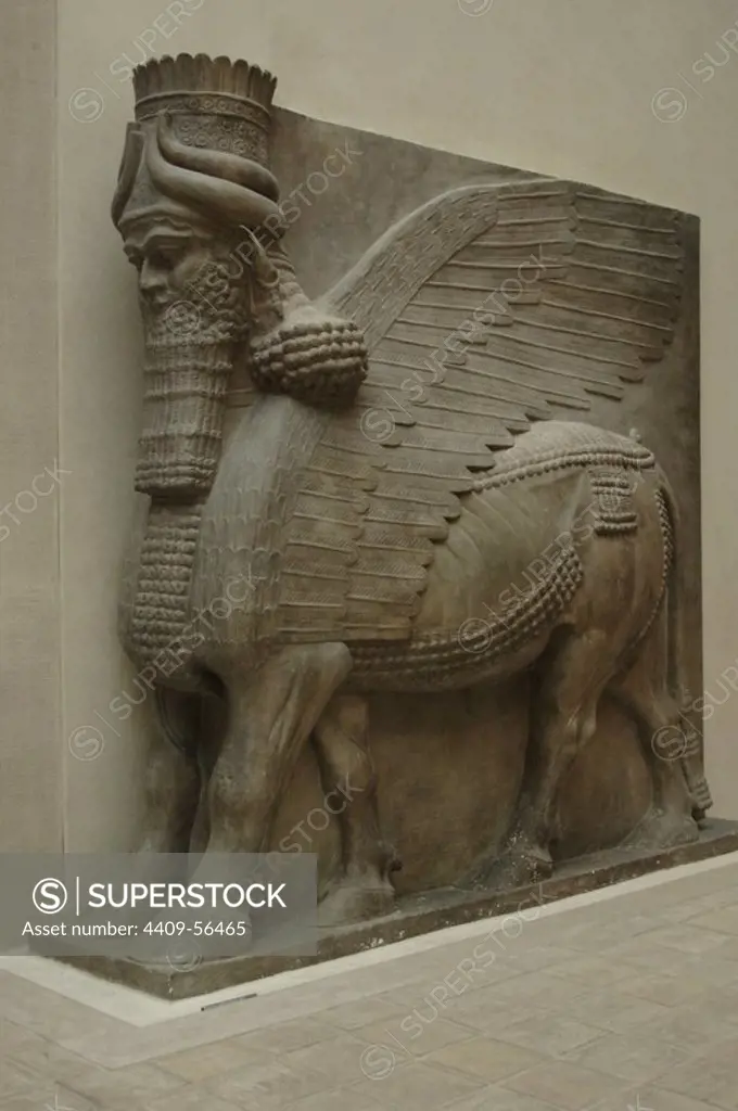 Winged human headed-bull. Neo Assyrian Palace of Sargon II, 721-705 BC. Khorsabad, ancient Dur Sharrukin (at present Iraq). Museum of Louvre. Paris, France.