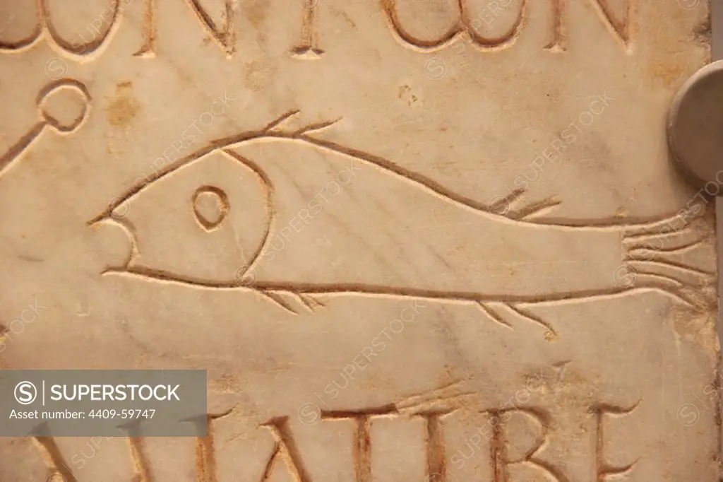 Early Christian Art. Italy. Early Christians. Roman tombstone with Christian iconography. Amias Licinia deceased. Representation of fish. Detail. Vatican Necropolis. Early third century A.D. Baths of Diocletian, part of the National Roman Museum Rome. Italy.