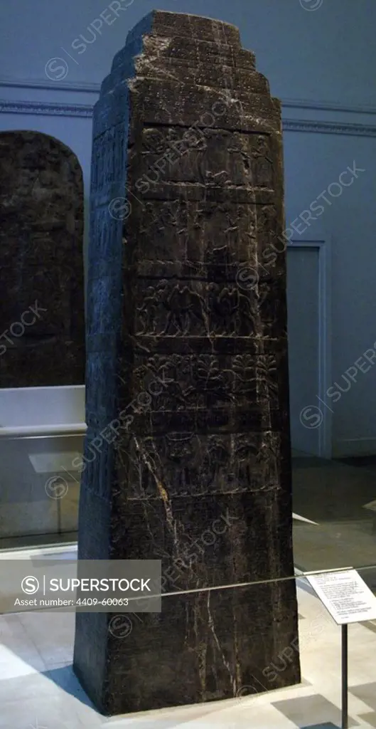 Assyrian culture. Black Obelisk of Shalmaneser III. Limestone, c. 825 BC. From Nimrud. British Museum. London, England, United Kingdom.