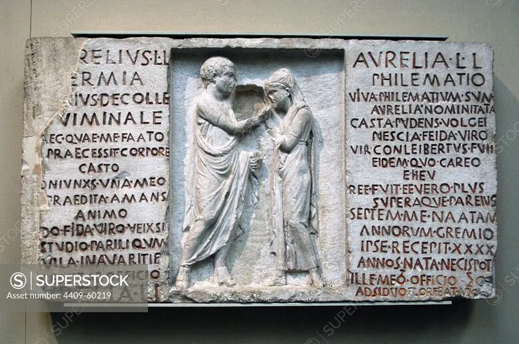 Inscribed funerary relief of Aurelius Hermia and his wife Aurelia Philematium. 80 BC. From a tomb in the Via Nomentana, Rome. British Museum. London. England. United Kingdom.