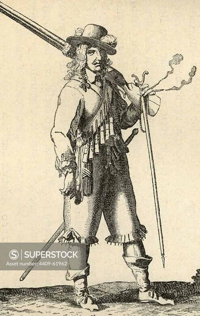 Army of the 18th century. France. Musketeer of the Infantry of Louis XIV marching. Engraving.