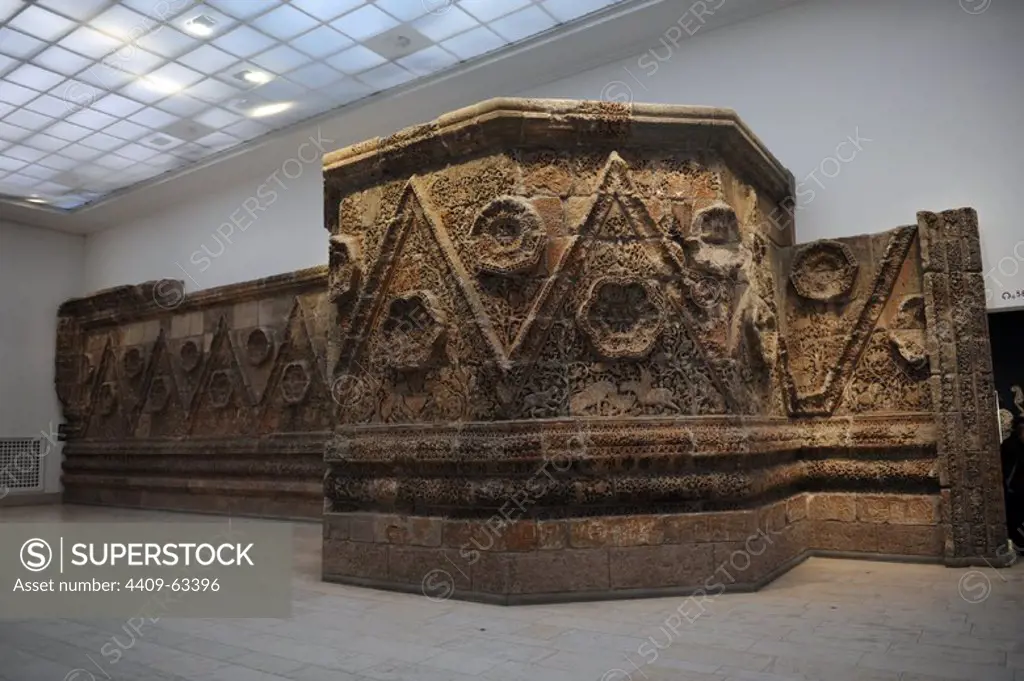 Qasr Mshatta. Ruin of an Umayyad winter palace probably commisioned by caliph Al-Walid II (743-744). Jordan. Mshatta Facade. Pergamon Museum. Museum Island. Berlin.