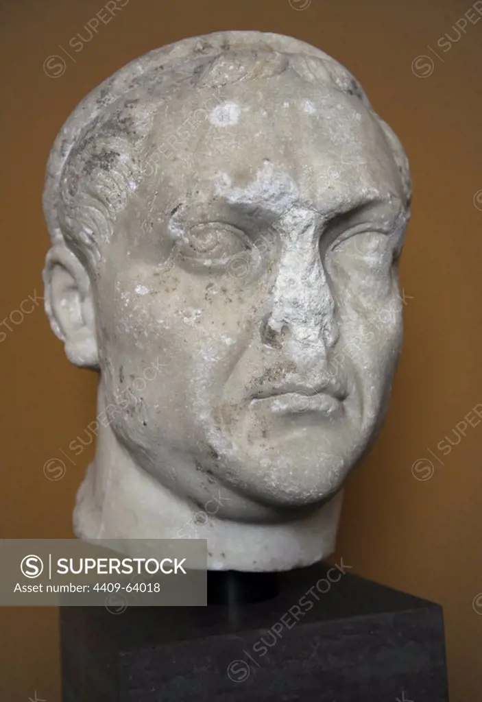 Valerian (193/195/200 Ð 260 or 264), also known as Valerian the Elder. Roman Emperor from 253 to 260.. Bust. Marble. Head from a colossal statue probably from Asia Minor. Carlsberg Glyptotek Museum. Copenhagen. Denmark.