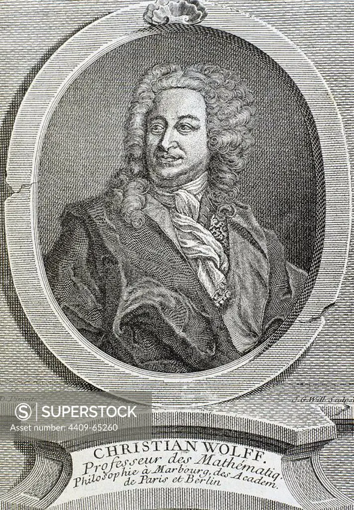 WOLFF, Christian (Breslau, 1679-Halle, 1754). Filósofo alemán. Representa la forma más templada de "ilustración". Su doctrina se basa en el racionalismo filosófico de Leibniz. Fue el autor de la clásica división de la metafísica en "general" (u ontología) y "especial" (teología, cosmología y psicología "racionales"). Grabado.