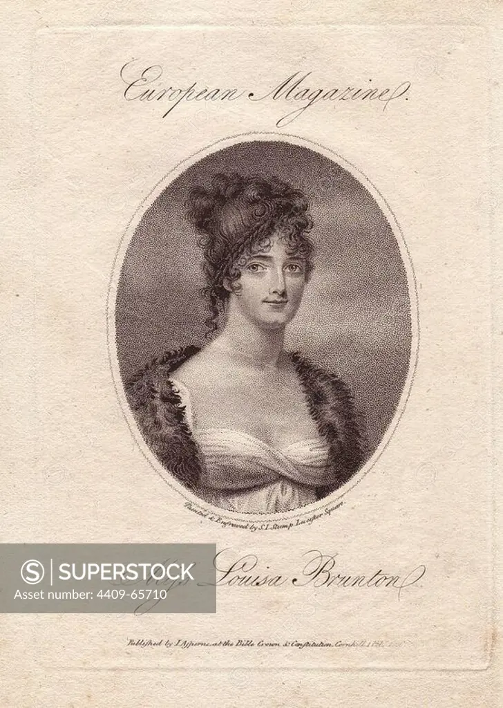 Miss Louisa Brunton (1785-1860), English actress who performed at Covent Garden, London. She became the Countess of Craven in 1812 on her marriage to General William Craven. She wears a classical dress with fur stole and her hair in curly ringlets. Copperplate portrait painted and engraved by S. I. Stump in the European Magazine, 1806.