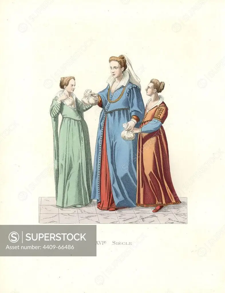 Women of Venice, 16th century, with bags of silkworm eggs. Long dresses over underdresses, open to the bosom, long sleeves, lace collar.. Handcolored illustration by E. Lechevallier-Chevignard, lithographed by A. Didier, L. Flameng, F. Laguillermie, from Georges Duplessis's "Costumes historiques des XVIe, XVIIe et XVIIIe siecles" (Historical costumes of the 16th, 17th and 18th centuries), Paris 1867. The book was a continuation of the series on the costumes of the 12th to 15th centuries published by Camille Bonnard and Paul Mercuri from 1830. Georges Duplessis (1834-1899) was curator of the Prints department at the Bibliotheque nationale. Edmond Lechevallier-Chevignard (1825-1902) was an artist, book illustrator, and interior designer for many public buildings and churches. He was named professor at the National School of Decorative Arts in 1874.