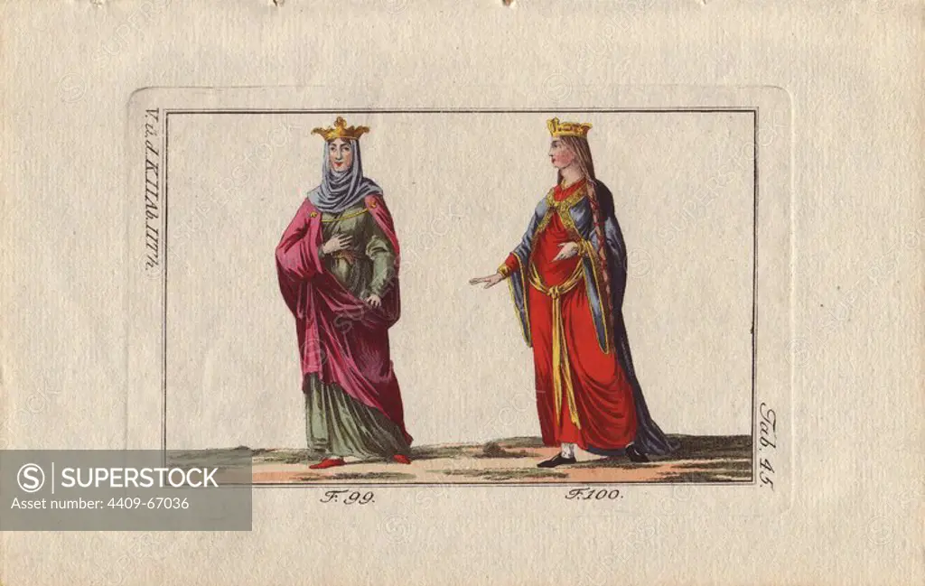 Constance of Arles (986~1034), also known as Constance of Provence, was the third wife and queen of King Robert II of France.. "Often the hair was covered in a veil that enveloped at the same time the neck and bosom (99).". Queen of France. "The hairstyles of women were of the greatest simplicity; their hair, abandoned naturally or plaited and tied in a ribbon, falling loosely to their shoulders (100).". "The tunic of the Franks extended from the neck and fell to the feet, in a fashion to hide the, or at least partly. It hugged the body very closely, making visible all the contours of an elegant waist. It can be seen in figures 99, 100 and 102.". "The queens of the first and second race wore richly embroidered belts, whose ends fell very low (100).".