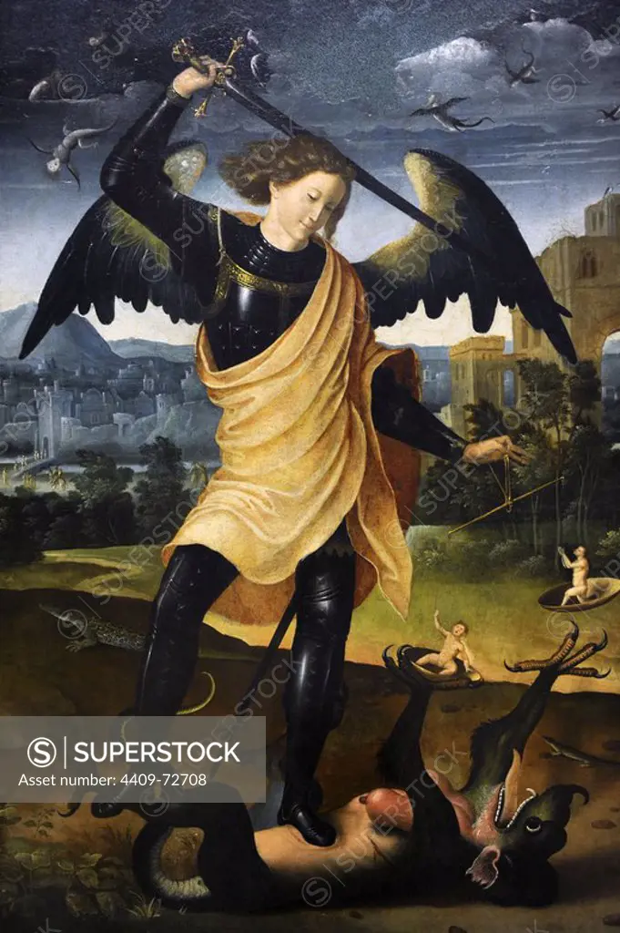 The Archangel Michael with the dragon, c.1500. Unknow. Spanish author. National Museum of Art. Copenhagen. Denmark.