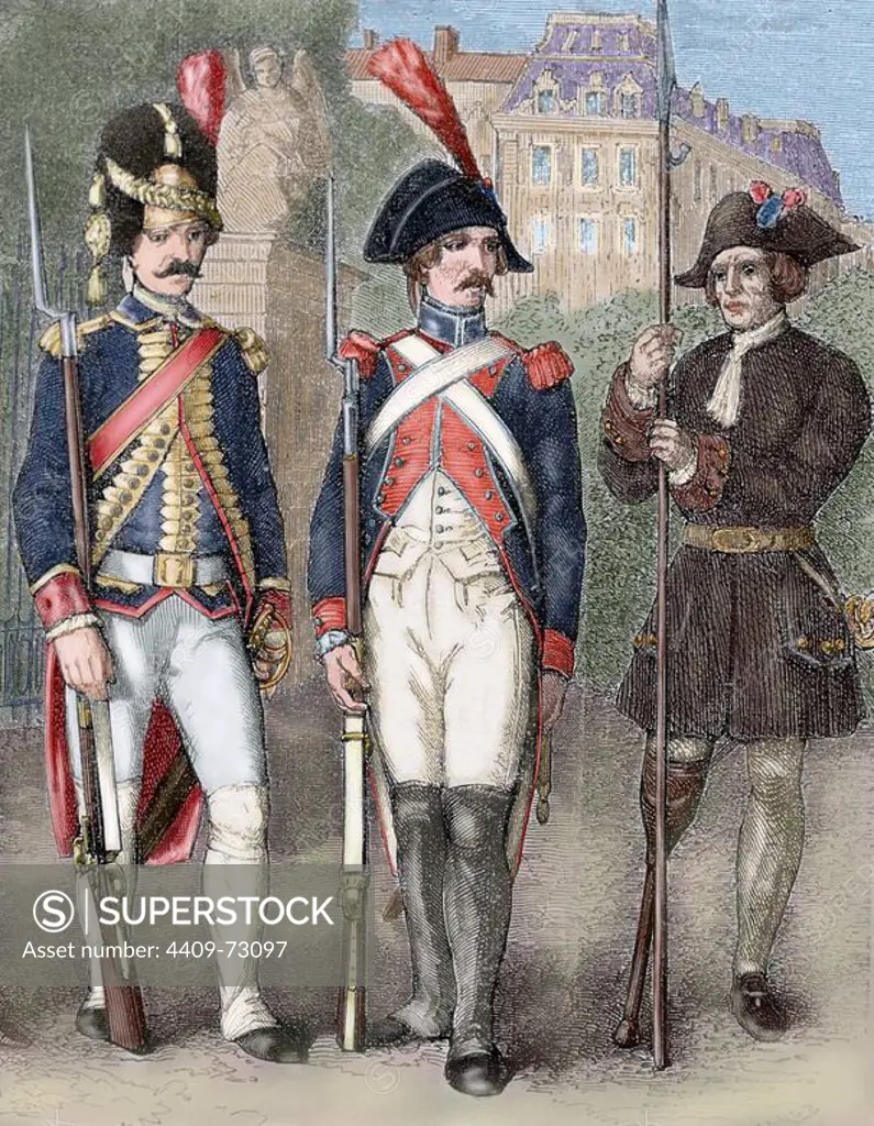 French Revolution (1789-1799). Guard of National Convention (center), French Grenadier Guard (left) and crippled (right). Colored engraving. 19th century.