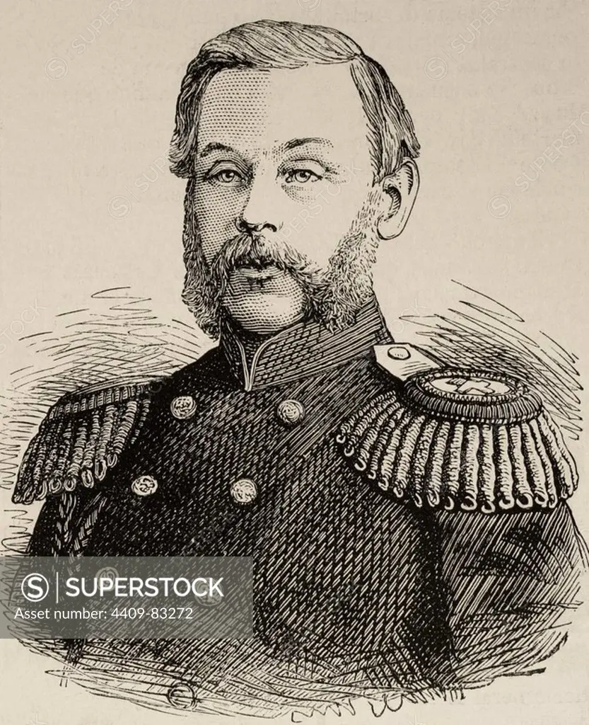 Dmitry Milyutin (1816-1912). Russian Field Marshal and Minister of War. Engraving in Spanish and American Illustration, 1877.