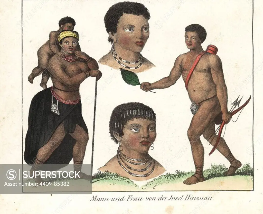 Natives of the island of Ndzwani or Anjouan in the Comoros, north west of Madagascar, Africa. Man with codpiece and bow and arrows, woman with skirt and beaded necklace. Handcoloured lithograph from Friedrich Wilhelm Goedsche's "Vollstaendige Völkergallerie in getreuen Abbildungen" (Complete Gallery of Peoples in True Pictures), Meissen, circa 1835-1840. Goedsche (1785-1863) was a German writer, bookseller and publisher in Meissen. Many of the illustrations were adapted from Bertuch's "Bilderbuch fur Kinder" and others.