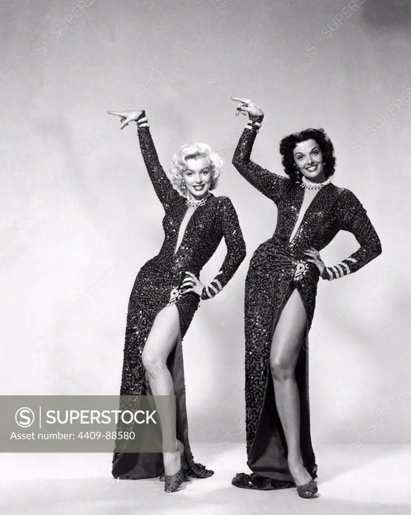 MARILYN MONROE and JANE RUSSELL in GENTLEMEN PREFER BLONDES (1953), directed by HOWARD HAWKS. Custome by Travilla.