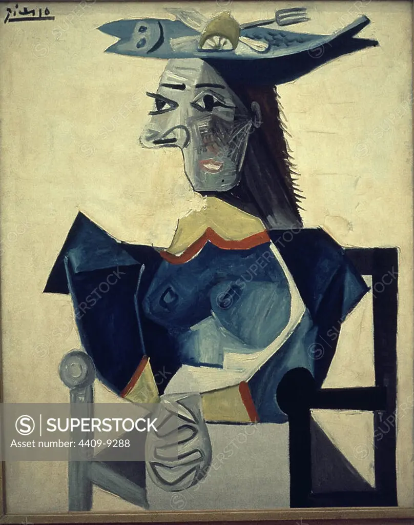 Spanish school. Woman seated with fisherman's hat . Mujer sentada con sombrero de pescado. 1942. Amsterdam, Stedelijik Museum. Author: PABLO PICASSO. Location: STEDELIJK MUSEUM. Amsterdam. HOLANDA. DORA MAAR.