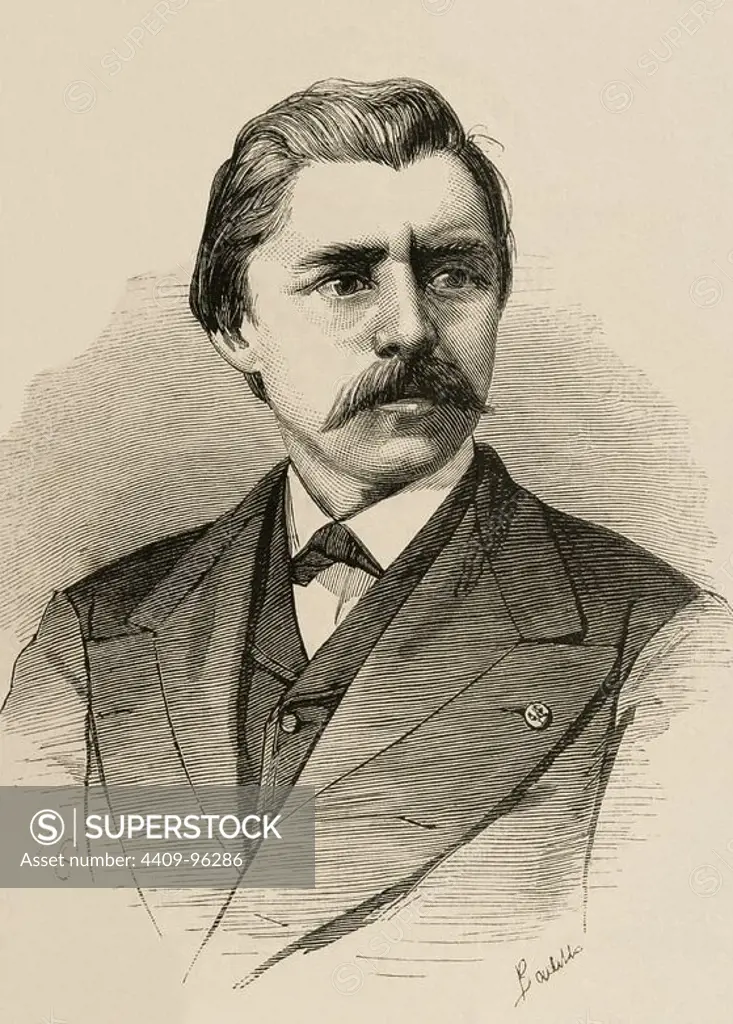 David Edward Hughes (1831 Ð 1900). Was a Welsh-American scientist and musician. Co-inventor of the microphone and teleprinter, inventor of the spark-gap transmitter and inventor of the crystal radio. Engraving by A. Carretero. The Spanish and American illustration, 1875.