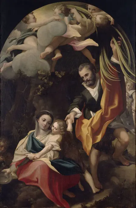 Anonymous (Copy de Correggio) / 'Madonna della Scodella or Rest on the Flight into Egyp', Italian School, Canvas, 211 cm x 140 cm, P00115. Museum: MUSEO DEL PRADO, MADRID, SPAIN. SAINT JOSEPH. JESUS. CHILD JESUS. VIRGIN MARY.