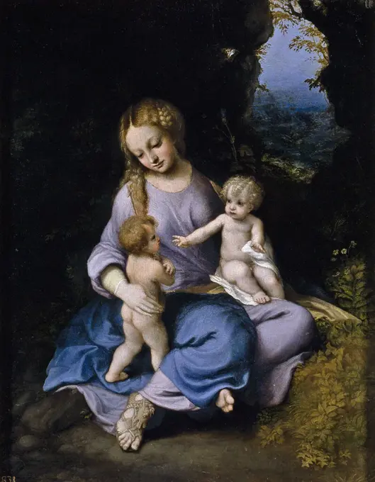 Correggio / 'The Virgin and Christ Child with Saint John', ca. 1516, Italian School, Oil on panel, 48 cm x 37 cm, P00112. Museum: MUSEO DEL PRADO, MADRID, SPAIN. JESUS. Saint John the Baptist. CHILD JESUS. VIRGIN MARY.