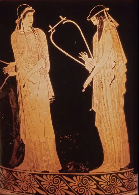 Greek art. Attic red-figure kalathos representing Alcaeus and Sappho and symbolizing poetry and music.. c.470 B.C.. Munich, museum of archaeology. Location: ARCHAEOLOGICAL MUSEUM. MUNICH. GERMANY. SAFO. Alceo.