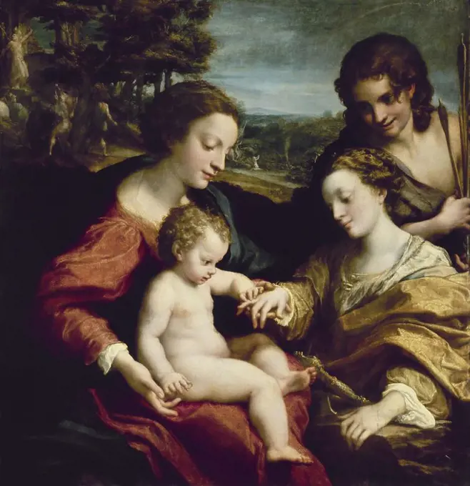 The Mystic Marriage of St. Catherine of Alexandria - 1525/26 - 105x102 cm - oil on panel - Italian Renaissance. Author: ANTONIO ALLEGRI DA CORREGGIO (1493-1534). Location: LOUVRE MUSEUM-PAINTINGS. France. SAINT SEBASTIAN. CHILD JESUS. VIRGIN MARY. SANTA CATALINA DE ALEJANDRIA SIGLO IV.