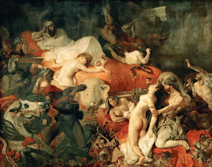 Eugène Delacroix / 'Death of Sardanapalus', 1827, Oil on canvas, 392 x 496 cm. Museum: MUSEE DU LOUVRE, BUDAPEST, France. SARDANAPALO.