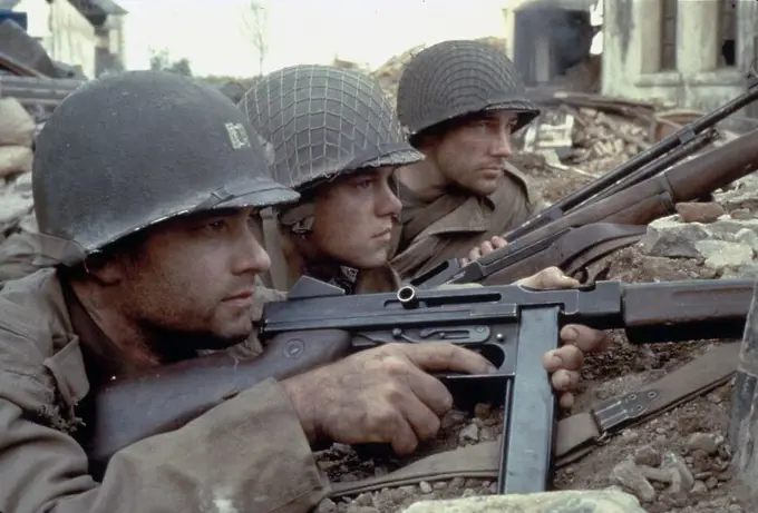 TOM HANKS, EDWARD BURNS and MATT DAMON in SAVING PRIVATE RYAN (1998), directed by STEVEN SPIELBERG.