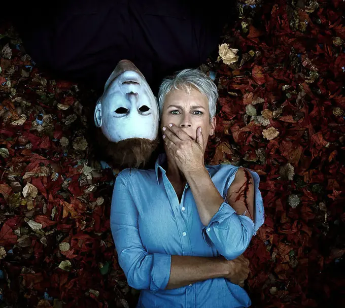 JAMIE LEE CURTIS and NICK CASTLE in HALLOWEEN (2018), directed by DAVID GORDON GREEN.