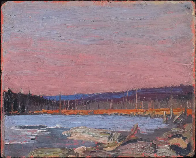 A Northern Lake. Date/Period: 1911/1921. Painting. Oil on composite wood-pulp board. Width: 26.7 cm. Height: 21.6 cm (overall). Author: TOM THOMSON.