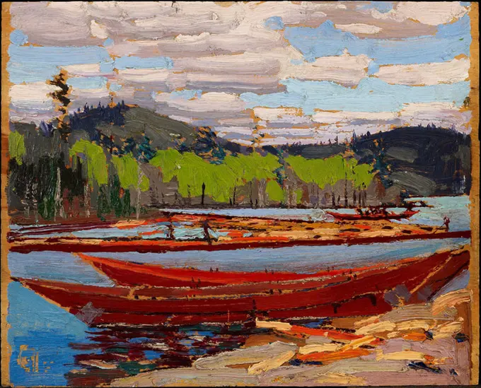 Boats Bateaux. Date/Period: 1916. Painting. Oil on wood. Width: 26.8 cm. Height: 21.5 cm (overall). Author: TOM THOMSON.