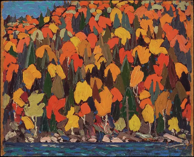 Autumn Foliage. Date/Period: 1915. Painting. Oil on wood. Width: 26.8 cm. Height: 21.6 cm (overall). Author: TOM THOMSON.