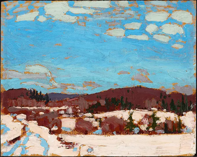 Early Spring. Date/Period: 1917. Painting. Oil on wood panel. Width: 26.9 cm. Height: 21.5 cm (overall). Author: TOM THOMSON.