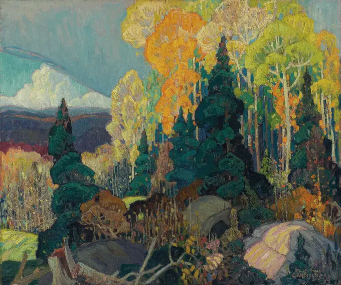 Autumn Hillside. Date/Period: 1920. Painting. Oil on canvas. Width: 91.4 cm. Height: 76 cm (overall). Author: FRANKLIN CARMICHAEL.