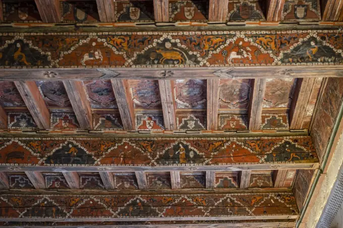 Mudejar coffered ceiling from the 14th century, cloister of Santo Domingo de Silos, Burgos province, Spain.