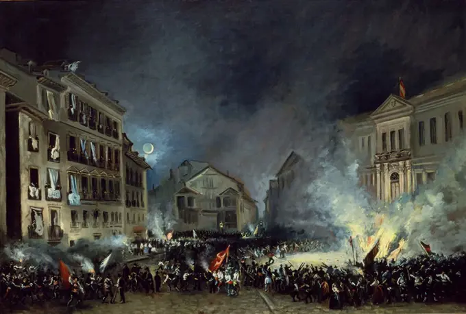 EPISODIO DE LA REVOLUCION DEL 17-7-1854 EN LA PUERTA DEL SOL - QUEMA DE BANDERAS- 68x99 - S XIX - ROMANTICISMO ESPAÑOL. Author: EUGENIO LUCAS VELAZQUEZ. Location: MUSEO DE HISTORIA-PINTURAS. SPAIN.