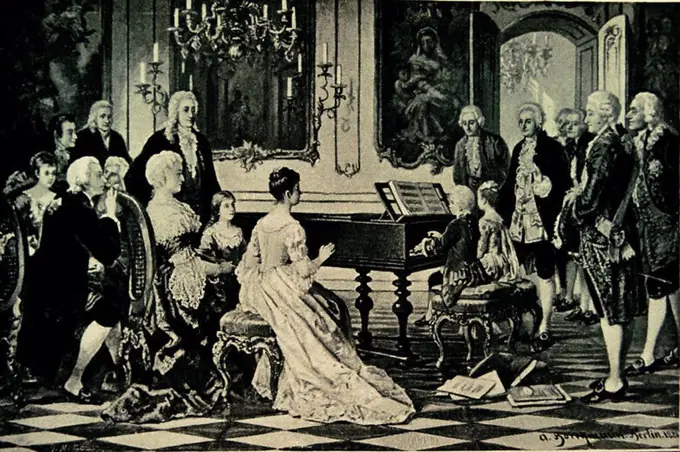 Mozart and his sister playing the piano for the Empress Marie Therese. 18th century. Engraving. Location: NATIONAL LIBRARY. France. WOLFGANG AMADEUS MOZART. AUSTRIA MARIA TERESA I. MARIA TERESA I DE AUSTRIA. CARLOS VI SACRO IMPERIO HIJA. MOZART (HERMANA). ARCHIDUQUESA DE AUSTRIA. MARIA TERESA DE AUSTRIA.