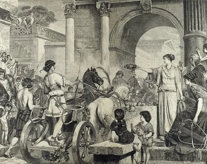 Ancient Greece. Olympic Games. Entrance of the winner in chariot racing. Engraving.