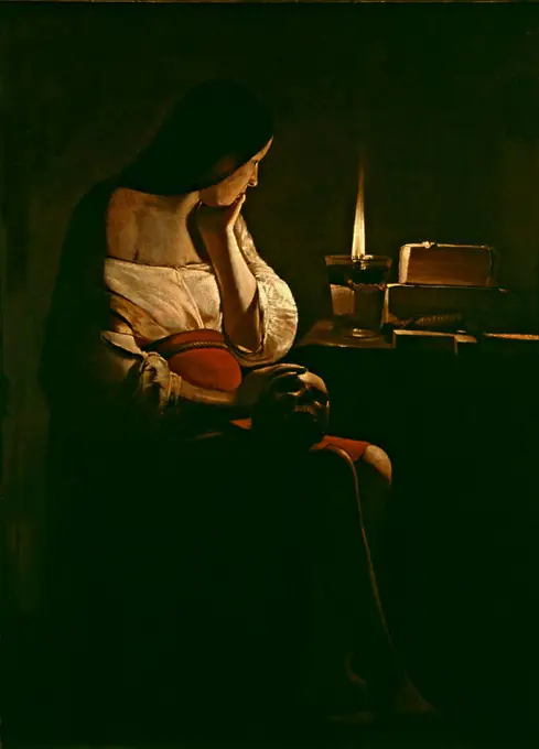 'Penitent Magdalene', 1630-1635, Oil on canvas, 128 x 94 cm. Author: GEORGES DE LA TOUR (1593-1652). Location: LOUVRE MUSEUM-PAINTINGS. France. MARY MAGDALENE. SANTA MAGDALENA. MAGDALENA PENITENTE.