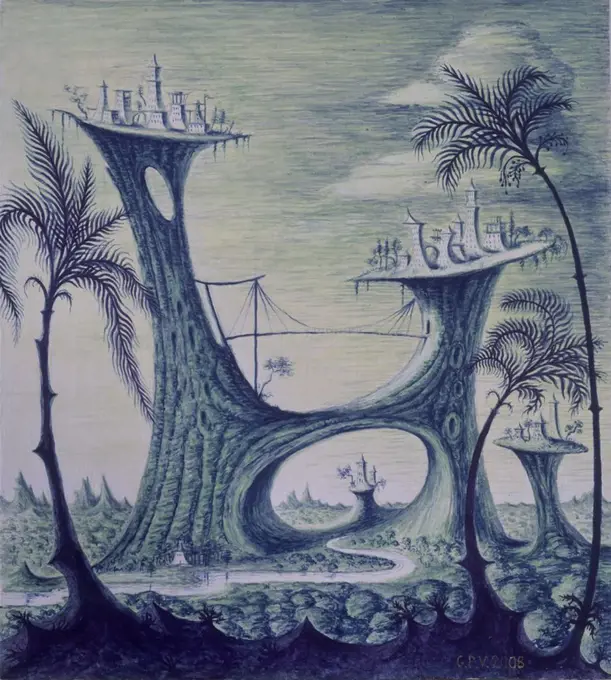 'Landscape with Two Cities', 2008, Tempera on wood, 30 x 31,5 cm. Author: GUILLERMO PEREZ VILLALTA. Location: GALERIA SOLEDAD LORENZO. MADRID. SPAIN.