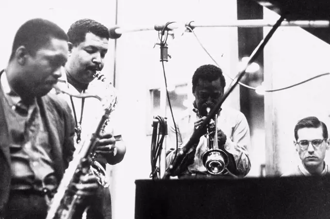 John Coltrane, tenor sax, Cannoball Adderley, alto sax, Miles on trumpet, Bill Evans on piano, 1958.