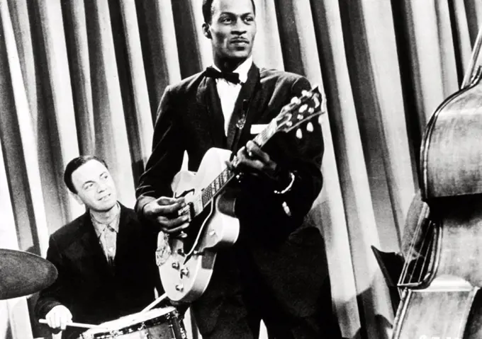 Chuck Berry with Jimmy Valens in "Go Johnny Go". 1959.