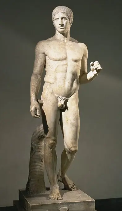 Greek Art. Classical Era. Doryphoros. 450-400 BC. Designed by sculptor Polykleitos. Roman marble copy of Herculaneum. Naples National Archaeological Museum. Italy.
