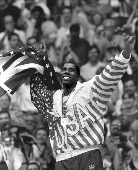 08/07/1992. Magic Johnson Celebrating winning the gold medal at the Barcelona 92 Olympic Games.