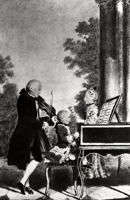 La familia Mozart en París. Johan G. Leopold al violín, Wolfgang Amadeus Mozart, al piano, y Anna Maria Mozart "Nannerl", al clavecín. Reproducció de una acuarela de Louis Carrogis Carmontelle. JOHANN WOLFGANG AMADEUS MOZART.