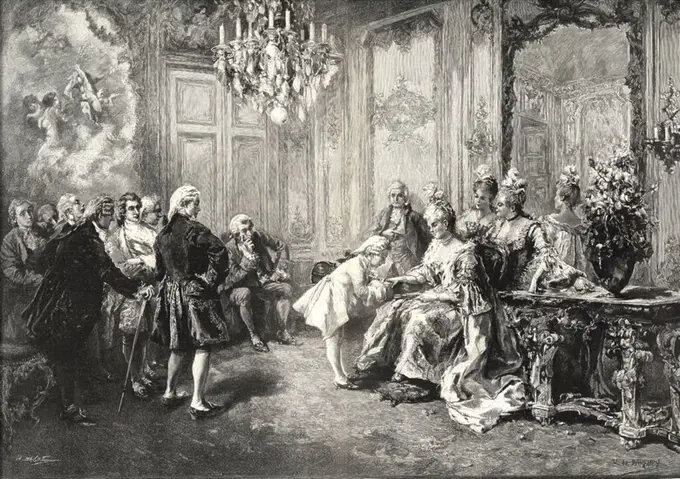 Johann Wolfgang Amadeus Mozart (Salzburg, 1756-Viena, 1791), compositor austríaco de música clásica, en la casa de Madame Pompadour. Grabado de 1899. Autor V. De Paredes.