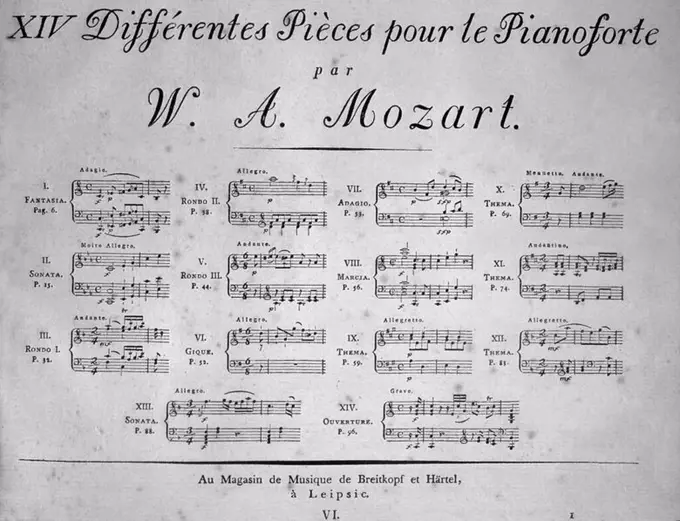 Primera página del álbum musical con "XIV Differentes Pieces pour le pianoforte", de Johann Wolfgang Amadeus Mozart (Salzburg, 1756-Viena, 1791). Impreso en Leipzig en 1799.