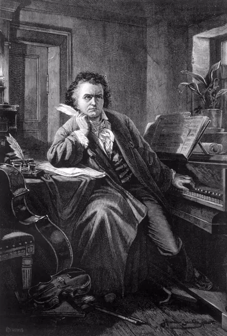 Ludwig van Beethoven (1770-1827). Compositor alemán trabajando en su estudio de Viena. Grabado de 1880.