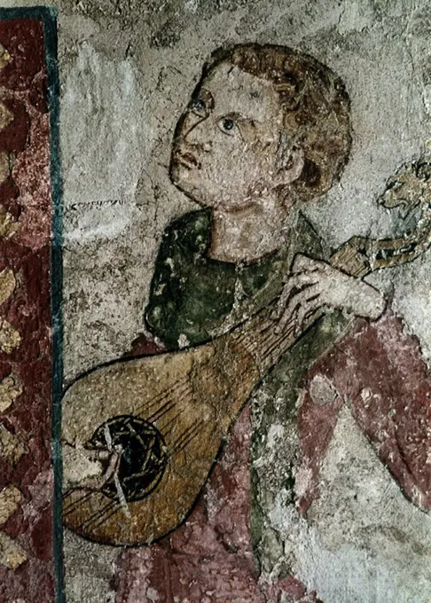 Spanish school. Detail of Passion: Medieval lute player. Mural painting from the Pamplona Cathedral refectory. Pamplona, Navarra museum. Author: OLIVER JUAN. Location: MUSEO DE NAVARRA. Pamplona. NAVARRA. SPAIN.