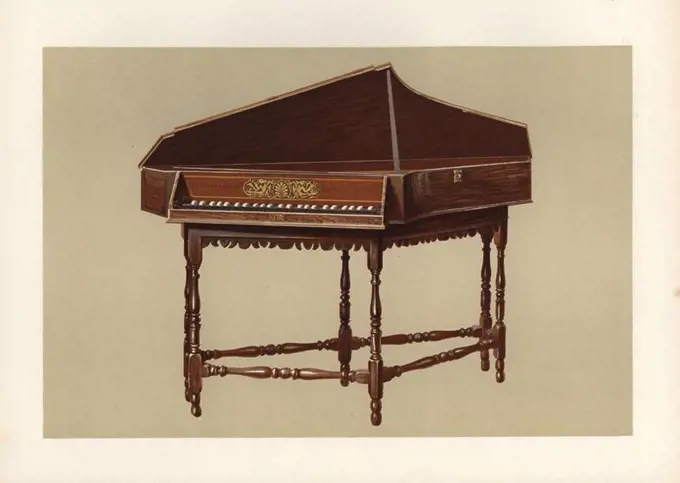 A transverse spinet with six legs made in London by Stephen Keene at the end of the 17th century. Keene was a well-known maker of "harpsycons and virginals" from at least 1671 to 1719. Chromolithograph from an illustration by William Gibb from A.J. Hipkins' "Musical Instruments, Historic, Rare and Unique," Adam and Charles Black, Edinburgh, 1888. Alfred James Hipkins (1826-1903) was an English musicologist who specialized in the history of the pianoforte and other instruments. William Gibb was a master illustrator and chromolithographer and illustrated "The Royal House of Stuart" (1890), "Naval and Military Trophies" (1896), and others.